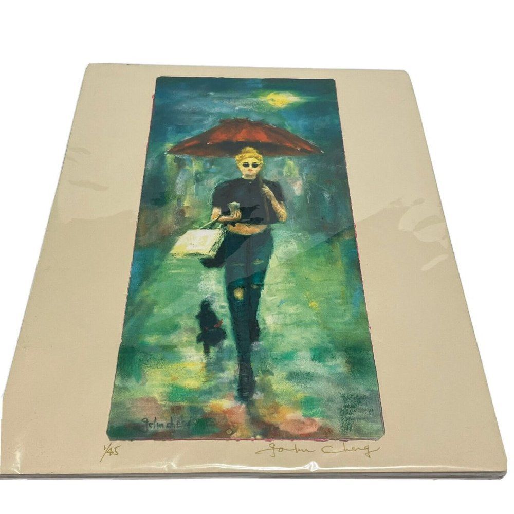 Signed John Cheng 1/45 Blond Woman Red Umbrella Black Dog Walking Water Color